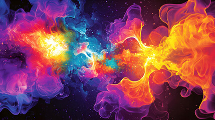 Abstract vibrant explosion of colors, like flames or smoke, colliding in space.  Intense hues swirl and mix against a dark background