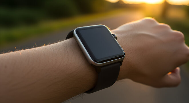 Smartwatch mockup, modern and sleek, with blank edge-to-edge screen on runner’s wrist against blurred urban trail in golden hour lighting