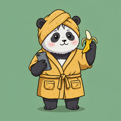A panda, wearing a yellow bathrobe and towel, holds a banana and a smartphone.