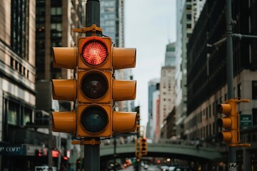 A close up of a traffic light showing a red signal with a blurred urban cityscape and tall buildings in the background