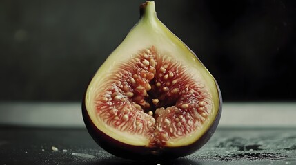 Photograph of a halved fig showcasing its textured, seed-filled interior against a dark background.