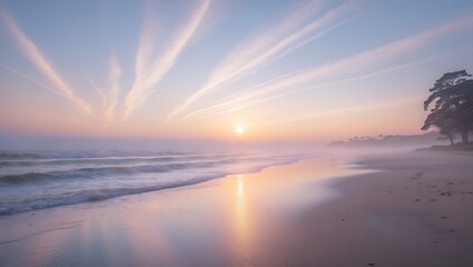 Fototapeta premium AI misty pastel beach sunrise wallpaper