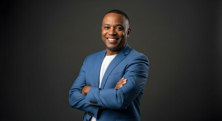 Obraz premium Smiling Man Posing with Arms Crossed Wearing Suit Jacket