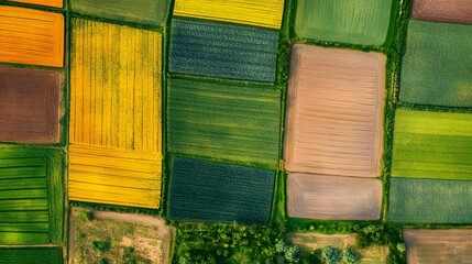 Aerial image of a rural area with blocks of different types of planting and bright colors