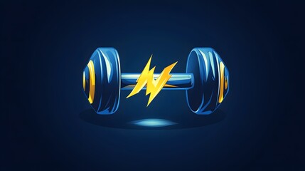 Digital illustration of a metallic barbell with a blue and yellow electrical effect on a dark background.