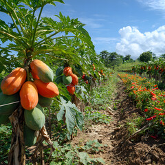 Rows of papaya trees laden with ripe orange and green fruit are shown in a sunny agricultural setting alongside rows of red chili peppers.