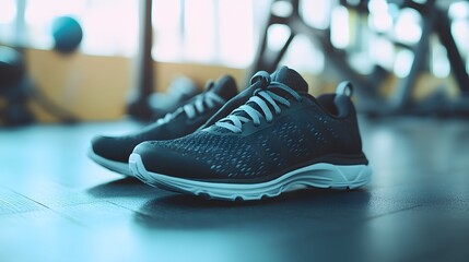 Photograph of running shoes resting on a gym floor with treadmills in the background.