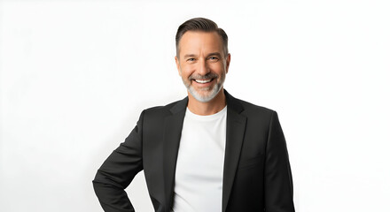 Smiling Man in Blazer Looks Confident on White Background