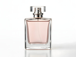 Luxury perfume bottle with transparent glass and gold accents, isolated on white