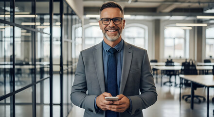 Fototapeta premium Smiling Business Man Using Smartphone in Modern Office