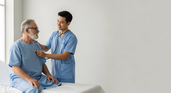 An asian doctor using a stethoscope to examine an senior patient. Doctor wearing light blue scrubs