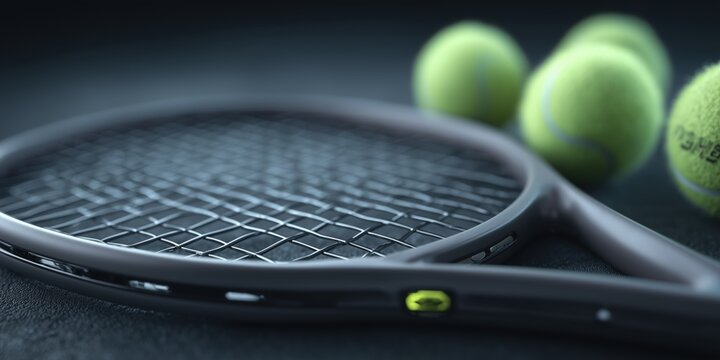 Premium tennis racket with green balls on court, black and neon details, shallow depth of field