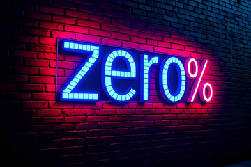 Zero Percent in Shiny Neon Light, Glowing Blue Digits on Dark Brick Wall, Urban Sale Advertisement