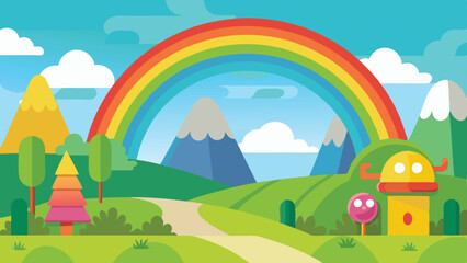 Fototapeta premium Cartoon Landscape with Rainbow, Mountains, Green Fields, Trees, and a Yellow Cartoon House