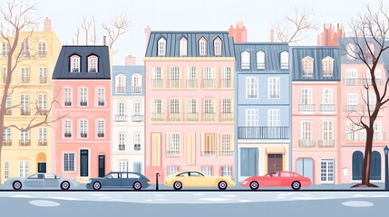 Obraz premium Digital illustration depicts a pastel-colored Parisian street scene with row houses and parked cars.