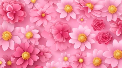 Fototapeta premium 3D render of a floral pattern featuring pink daisies and roses on a pink background.