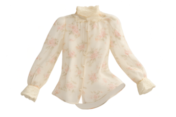 Elegant floral print blouse with lace trim isolated on transparent background