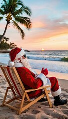 Santa Claus in a red suit relaxed on a beach chair at sunset. Waves crash gently on the shore. Palm trees frame the scene, holiday
