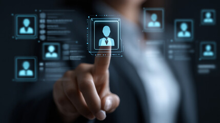 Human resource management technology (HR), Human resource manager touching human resource network structure and checks the CV online to choose the perfect employee for company, Effective recruitment.