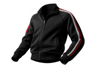 Modern black track jacket with red and white stripes isolated on transparent background