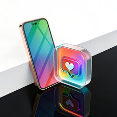 A smartphone stands next to a colorful 3d icon with a heart in a chat bubble