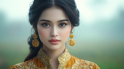 Asian Woman, Portrait, Outdoors,  Field, Gold Jewelry, Beauty