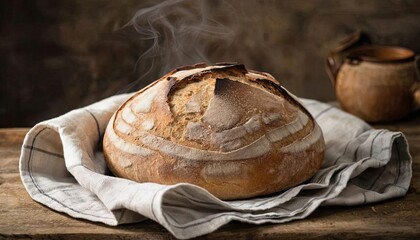 Freshly baked homemade bread on a wooden table, has a golden crust and steam rising from it, placed on a linen cloth near a window