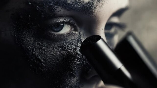 Mysterious person looking through microscope lens dark soil texture on face.  Intriguing close-up shot of person's eyes peering through scientific instrument. Dramatic lighting enhances gothic art 