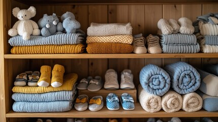 Baby clothes shelf, nursery, wooden, textiles, arrival