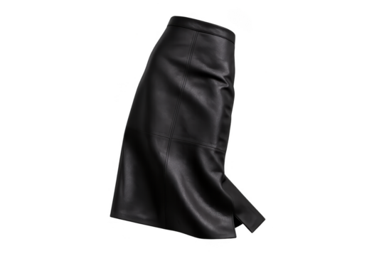 Stylish black midi skirt isolated on transparent background, leather look fashion