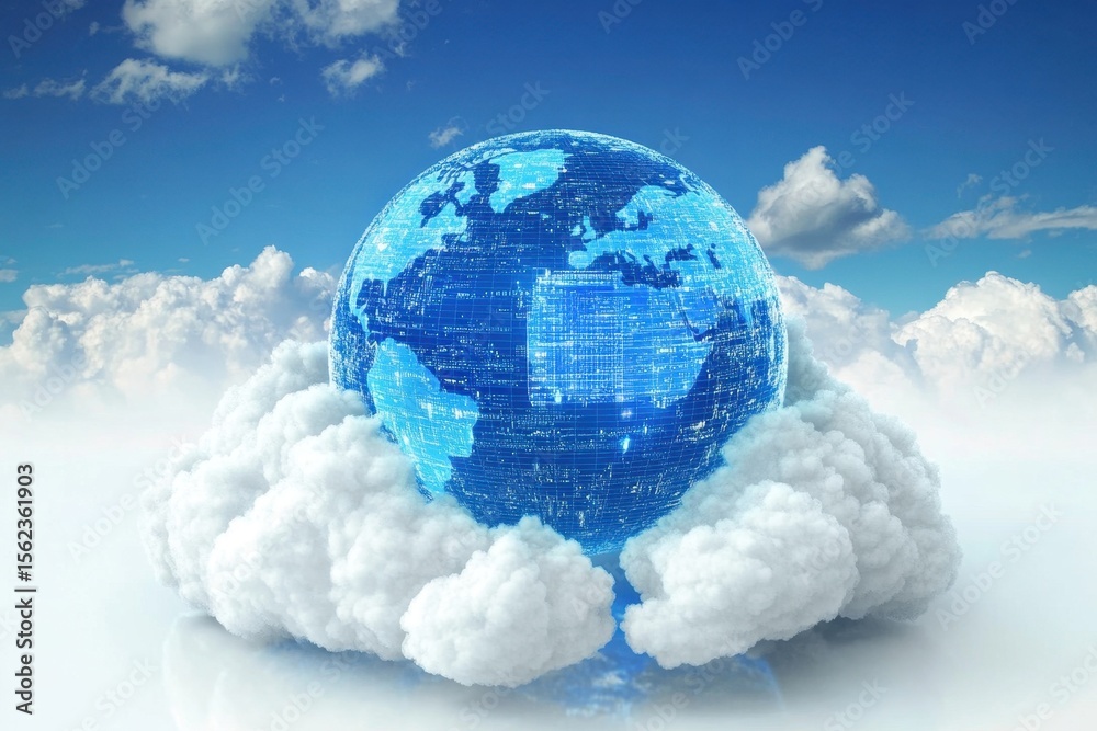 Poster data processing depicted over a globe surrounded by clouds in a bright blue sky, data processing ove