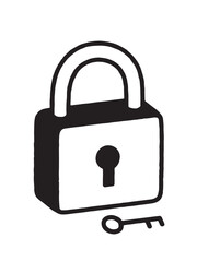 
A clear, black and white vector illustration of a sturdy padlock with a keyhole, accompanied by a small key lying nearby, symbolizing security or access.