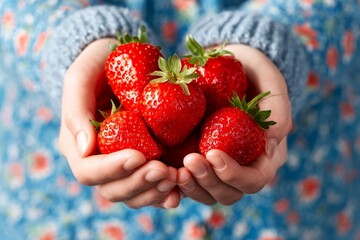 Ripe organic strawberries in female hands, close-up of juicy berries, harvest concept