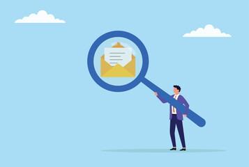 Vector illustration of a businessman analyzing a message with a large magnifying glass, symbolizing careful scrutiny, detailed evaluation, and thorough communication analysis
