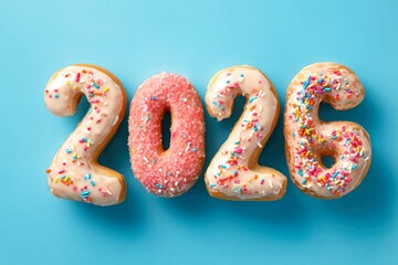 New Year 2026 made from donut with glaze and sprinkles on blue background, top view, Creative Happy New Year greeting card