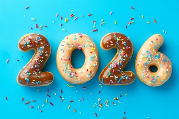 New Year 2026 made from donut with glaze and sprinkles on blue background, top view, Creative Happy New Year greeting card