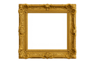 Ornate gold baroque picture frame with intricate scrollwork and floral details isolated on transparent background