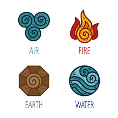 Colorful vector icons of four classical elements: air, fire, earth, and water. Decorative hand-drawn style with dots and spirals, ideal for mystical design, nature branding, tattoo, or esoteric themes