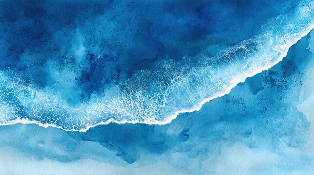 Abstract watercolor ocean wave design. Artistic interpretation of sea and beach. Top view. Concept of artistic ocean, abstract seascapes, and watercolour illustration. Space for text. High quality