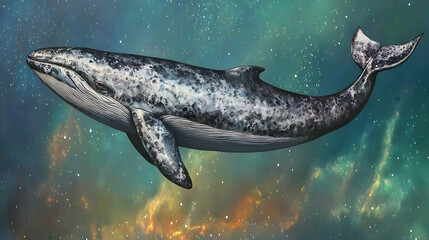 Fototapeta premium Majestic whale glides through a vibrant cosmic sea. Detailed illustration of a large whale with mottled skin, against a backdrop of stars and nebulae