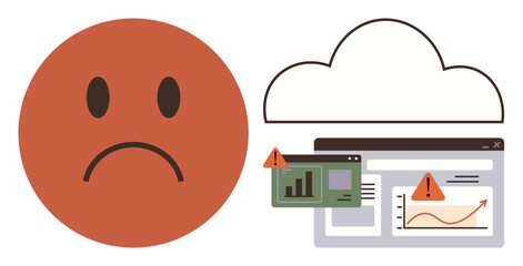 Sad face next to cloud storage and analytics dashboard marked with warning signs. Ideal for error, cloud issue, data problem, online storage risk, IT security, analytics failure, simple flat metaphor