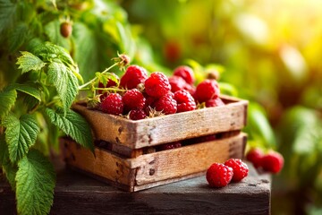 Fresh raspberries in a wooden box surrounded by bushes of growing raspberries, concept of picking ripe berries in season, rural life