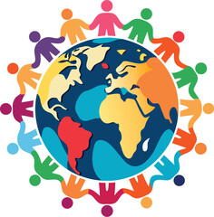 Naklejka premium Multicultural Global Unity: Diverse People Holding Hands Around Earth Celebrating World Population Day with Connected Community and Inclusivity Vector Illustration, Humanity Togetherness Concept