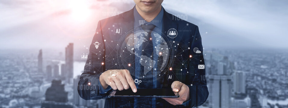 Global AI-powered digital network ecosystem connecting data, finance, analytics, ecommerce, communication, and automation across continents through technology and cloud Vouch