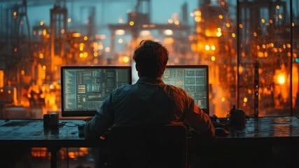 Man working with code and data on dual monitors in a dark control room, glowing industrial plant outside the window, concept of cybersecurity - Powered by Adobe