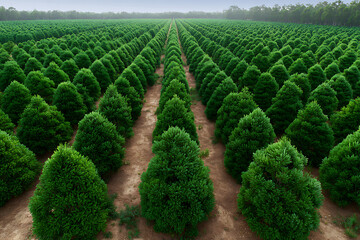 Endless rows of perfectly shaped green fir trees Christmas trees evergreen