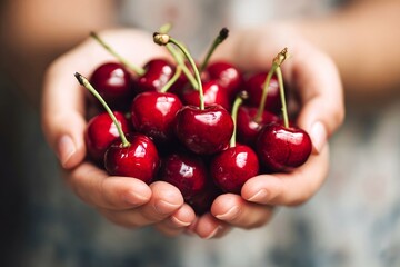 Ripe organic cherry in hands, close-up of juicy berry, harvest concept