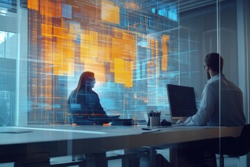 Colleagues collaborating on data processing and analysis in a modern office setting, data processing and diagrams over caucasian colleagues talking in office