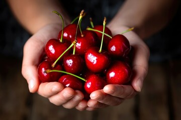 Ripe organic cherry in hands, close-up of juicy berry, harvest concept