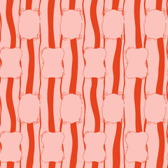 Hand drawn seamless pattern with decorative frames and wavy vertical stripes in pink and red tones